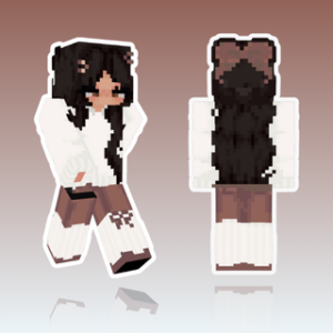 Cute girl Minecraft skin featuring black hair with a bow, tan skin, and a soft light-colored hoodie.