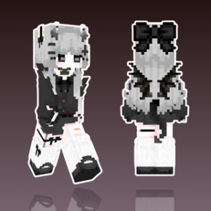 Goth girl Minecraft skin with mini wings, a black bow accessory, and a flowing black dress in a dark aesthetic style.