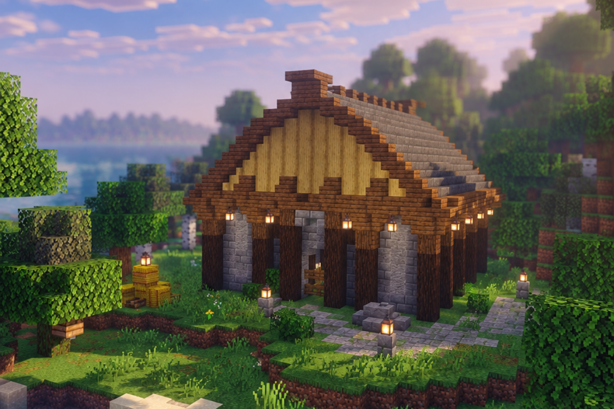 Minecraft medieval animal pen and barn with stone walls, dark wooden beams, lanterns, and a large attic roof.