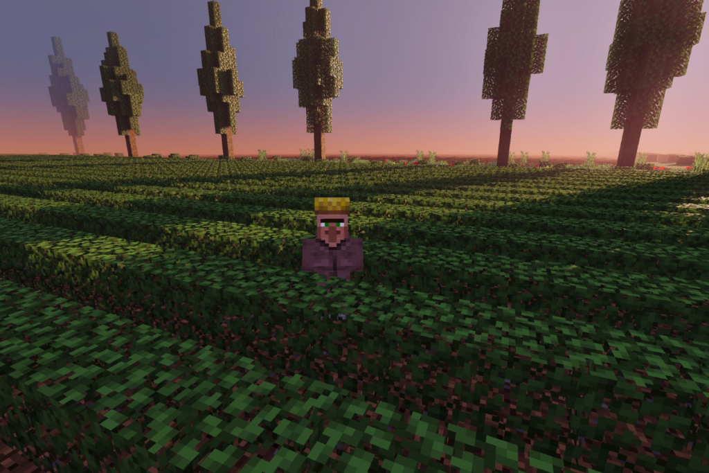 Minecraft survival farm with a farming villager standing in the center of a fully grown crop field.
